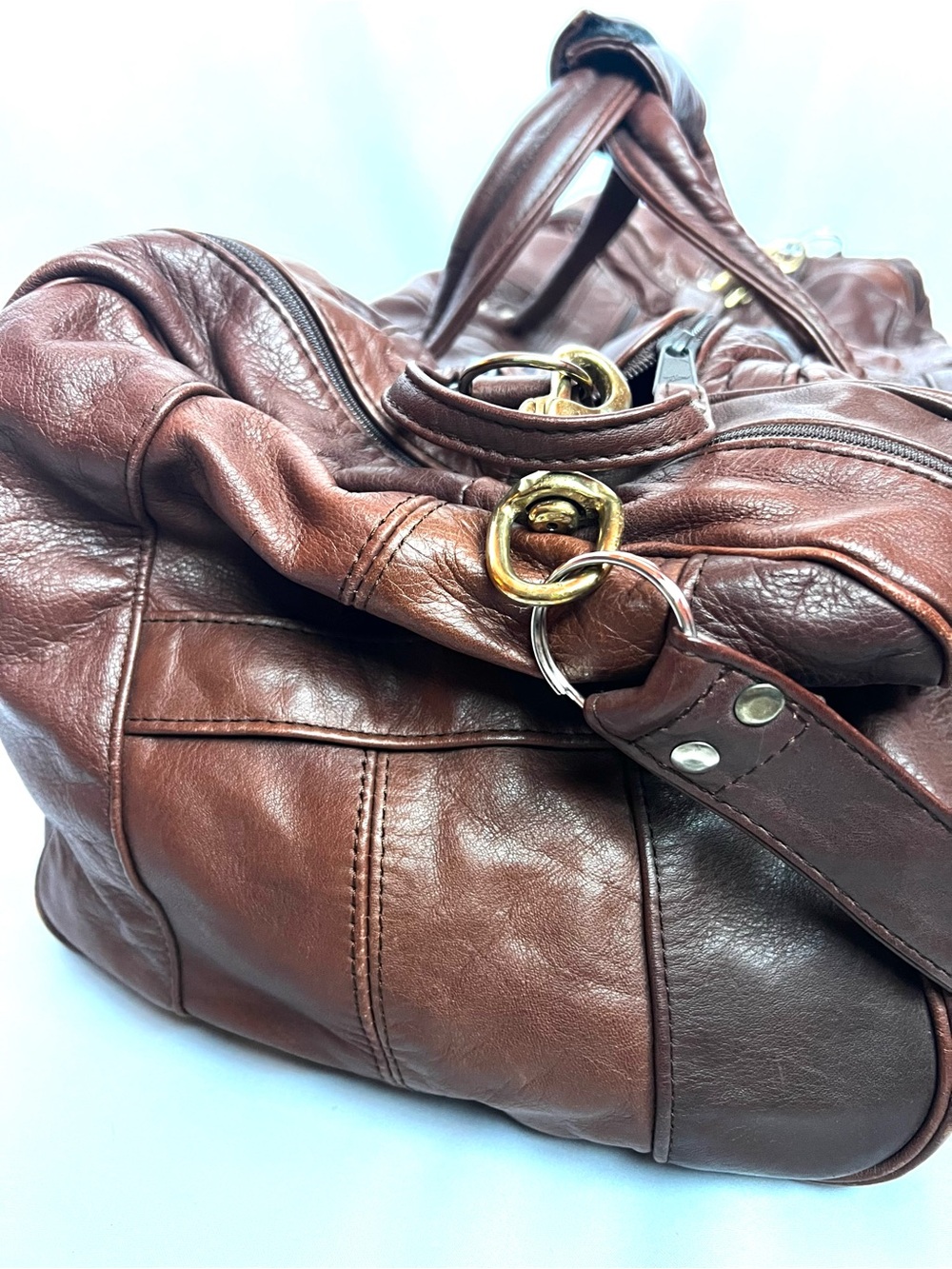 Vintage Carroll Leather Patchwork Duffle Bag Brown Top Grain Leather Weekender - Picture 4 of 13